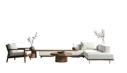 Minimalist living room with white couch, wood accents, and plants