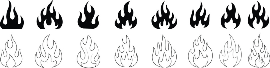 Stylized Flame Icon Set. Filled and Outline Fire Symbols for Graphic Design