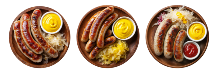 Grilled bratwurst sausages served with yellow mustard and sauerkraut isolated on white background, traditional German food