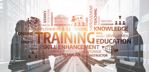 A visually engaging representation of corporate training and skill enhancement, featuring silhouettes of professionals in a modern workspace, emphasizing learning and development. Tessel