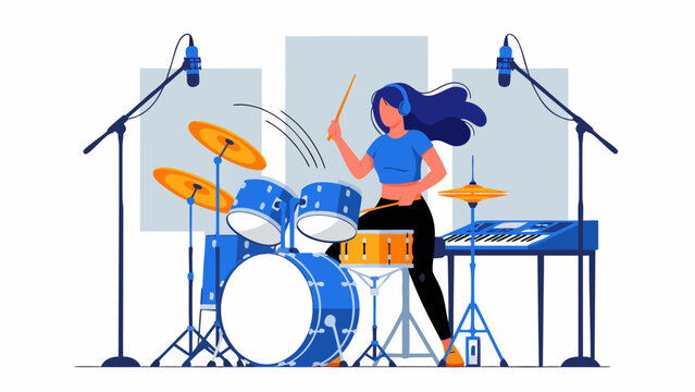 A woman wearing headphones plays a blue drum set with drumsticks in a recording studio with microphones.
