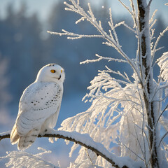 Majestic snowy owl perched on a frost-covered branch in a serene winter forest setting.
