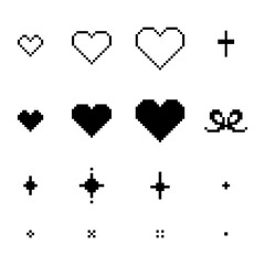 Pixel Art Hearts and Sparkles Icon Set: 8-bit Retro Game Style (Black Monochrome)