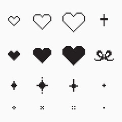Pixel Art Hearts and Sparkles Icon Set: 8-bit Retro Game Style (Black Monochrome)