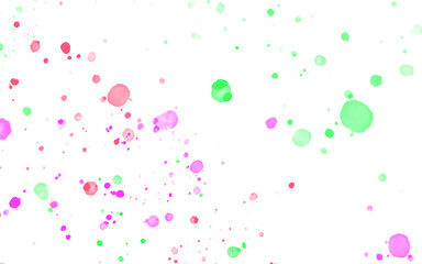 A colorful abstract image with scattered pink green and purple dots on a white background