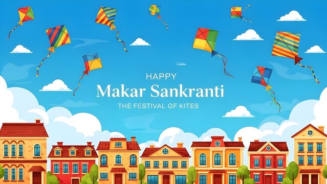Colorful Kites Flying Over City Buildings for Makar Sankranti Festival