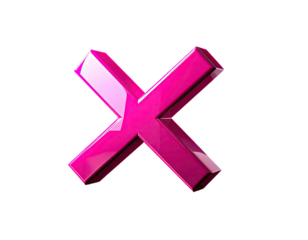 A shiny, 3D magenta "X" symbol on a pure black background