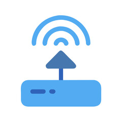 Blue wifi router icon with antenna and radio waves on black background
