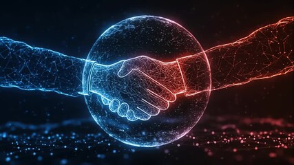 Handshake made of glowing digital lines forming two hands in neon over a dark background with particle sparks symbolizing collaboration and a business deal concept of digital partnership - Powered by Adobe