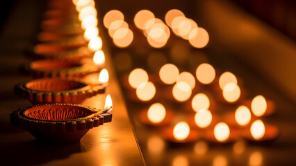 Rows of traditional clay oil lamps lit