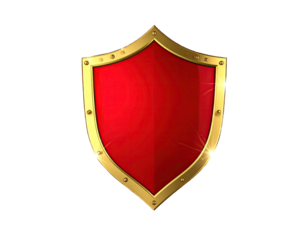 A glossy, red shield with a gold trim and stud details on black background