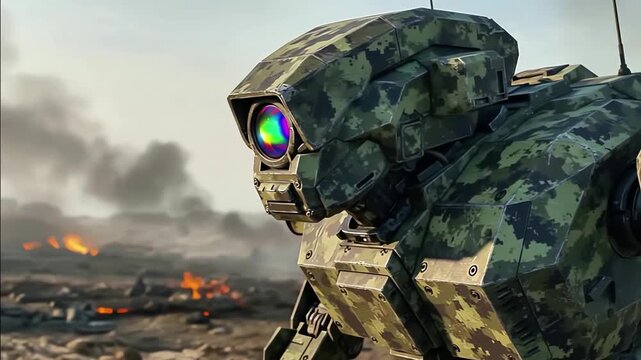 Camouflaged robot standing on a smoky battlefield, demonstrating the deployment of autonomous machines in military conflicts, dark setting suggests a grim yet technologically advanced future of war