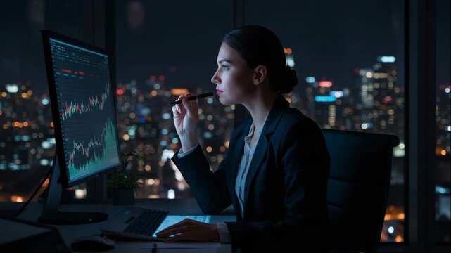 A female trader sits in an office chair at her desk, studying illuminated trading charts on a computer monitor in an office in a high-rise building at night. Concept of finance and markets