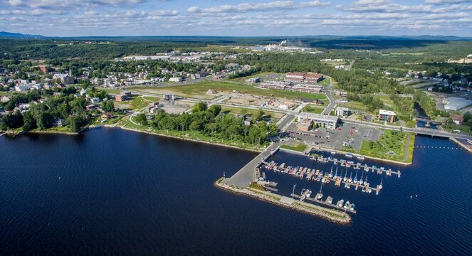 Aerial View of a Lac-Megantic, Quebec, Canada, With Boats Docked on the harbor on a Sunny Day