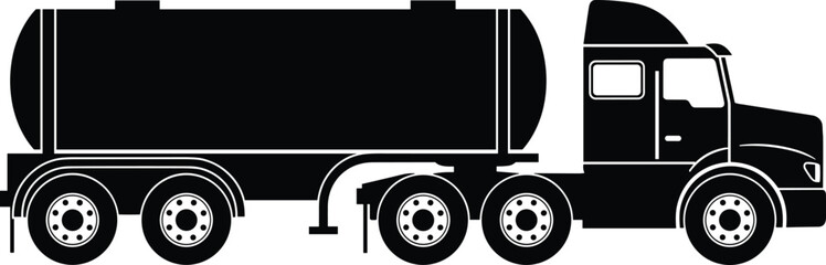 Fuel tanker truck silhouette illustration, heavy transport vehicle, oil gas logistics concept, black white minimalist vector industrial design, isolated background © Mst