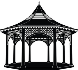 Garden gazebo pavilion silhouette illustration, classic outdoor architecture structure, black white minimalist vector design isolated on white background graphic