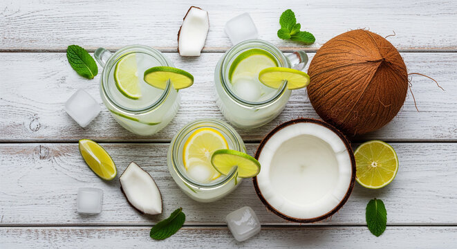 Refreshing coconut drinks with lime and mint on rustic table