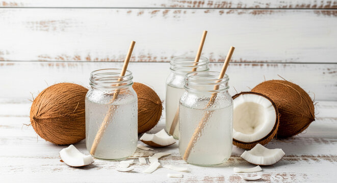 Refreshing coconut drinks with lime and mint on rustic table