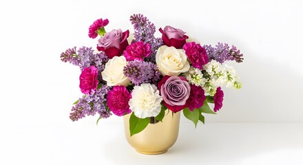 Obraz premium Vibrant flower arrangement in cream vase on white background