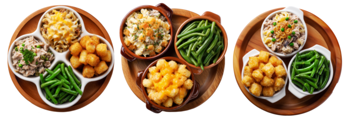 Bowls of green beans, crispy tater tots, and creamy tuna noodle casserole on wooden plate, isolated on white background