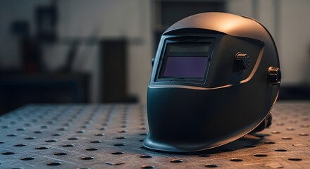 Fototapeta premium A dark auto-darkening welding mask resting on a metal workbench in a professional industrial workshop, representing the safety and craftsmanship concept