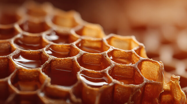 Close-up of golden honeycomb cells filled with sweet, natural honey. This macro shot highlights the intricate structure of a honeycomb, showcasing the rich, golden honey within each cell