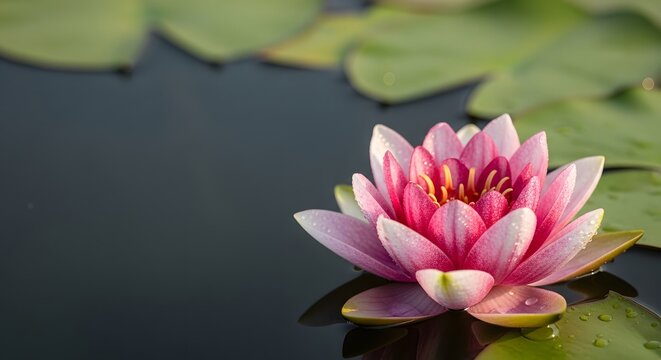 A vibrant pink lotus flower with delicate petals and dew drops floating on serene dark water, embodying a peaceful nature concept - Powered by Adobe