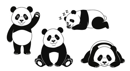 Fototapeta premium Panda poses collection in black and white