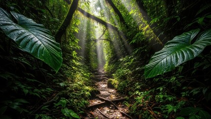 Sunlight filters through dense tropical jungle foliage on a narrow pathway