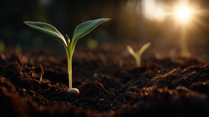 Young seedling emerging from rich soil at sunrise, new growth and hope in closeup eco gardening scene