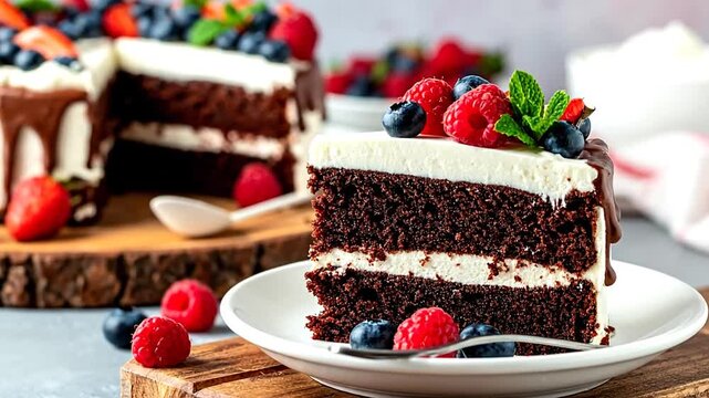 A layered chocolate cake slice with white frosting, dark drizzle, and fresh berries