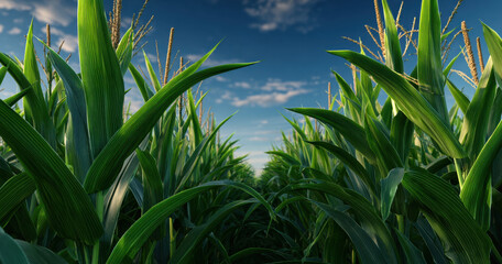 Lush green cornfield under bright clear blue sky with sunlit leaves and distant clouds conveying peaceful rural summer atmosphere