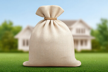 Large money bag burlap sack cash savings in front of suburban house, financial investment concept with green lawn and blurred home background conveying security and opportunity