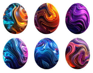 Six rendered, ornate eggs with swirling, vibrant, color-infused textures