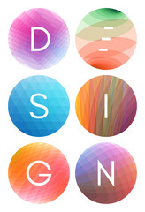 Transparent colored spheres. The word DESIGN. 3D vector illustration for brochure, poster, cover, card, presentation, flyer or banner.