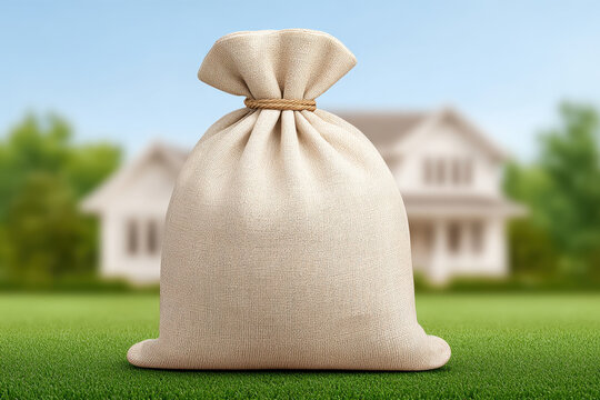 Large money bag burlap sack cash savings in front of suburban house, financial investment concept with green lawn and blurred home background conveying security and opportunity