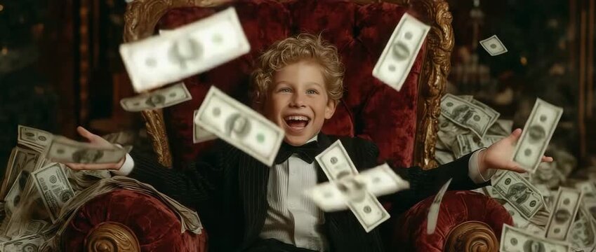 While bills are dropping, a happy and yelling rich boy millionaire sits in a large, opulent recliner with a bundle of cash.