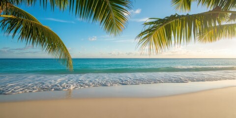 Tropical beach with palm trees and gentle ocean waves under a clear blue sky 1