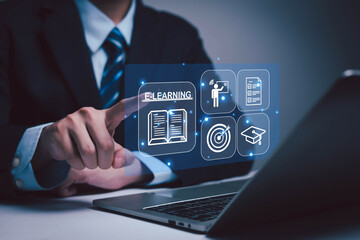 Man with virtual screen Online Education Concept Choose the correct answer Online Digital Technology Concept Online Learning Training Course Digital