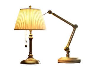 A detailed brass lamp with pleated shade and adjustable arm, on black