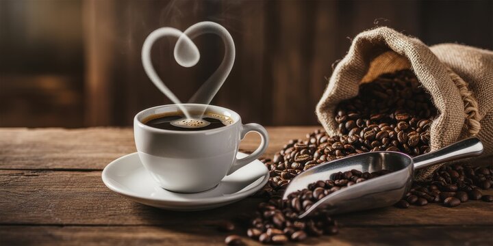 White cup of black coffee with heart-shaped steam on wooden table with coffee beans and scoop - Powered by Adobe