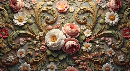 Intricate floral pattern with roses and leaves in earthy tones