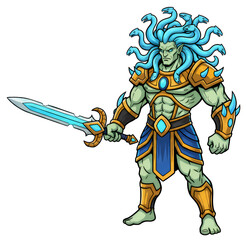 Fototapeta premium A powerful, muscular warrior with snakes for hair, wearing ornate golden armor and wielding a glowing blue sword.