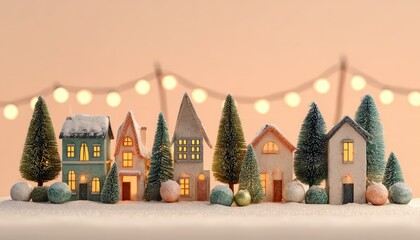 Miniature ceramic village houses and bottle brush trees create a charming winter holiday scene