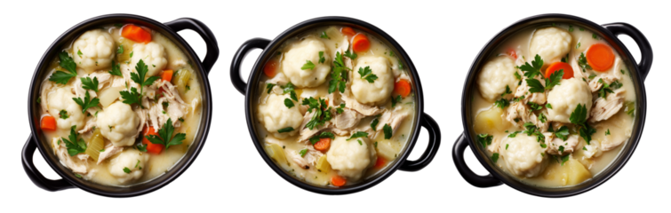 Chicken and dumplings soup with vegetables and herbs in black bowl, isolated on white transparent background