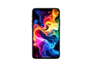 Smartphone with a vibrant, swirling abstract artwork as wallpaper