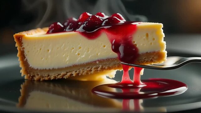 Macro close-up of one cheesecake portion, creamy layers perfectly visible, glossy berry compote on top, subtle steam rising, elegant plate reflections, fork pulling a smooth bite