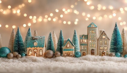 Illuminated miniature village scene features ceramic houses and bottle brush trees nestled in artificial snow under soft background lights