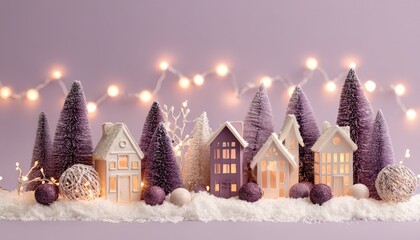 Miniature winter village scene featuring ceramic houses and bottle brush trees illuminated by warm lights