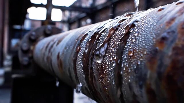 A close-up view of a rusty metal pipe covered in water droplets in an industrial setting